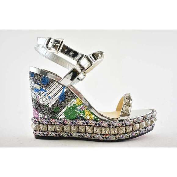 Christian Louboutin Pira Ryad 110 Silver Sequin Platform Wedge Sandal Heel 36 - Picture 2 of 9
